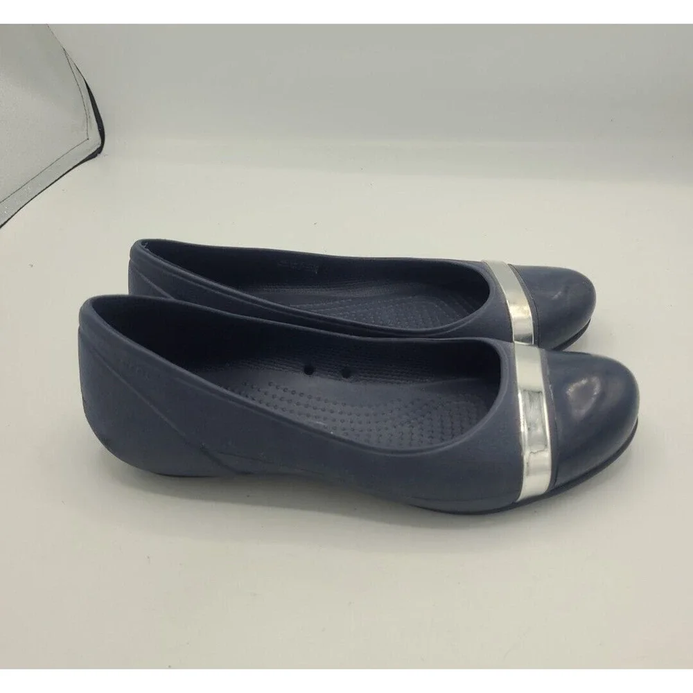 Crocs Black Cap‎ Toe Mirror Slip On Comfort Casual Ballet Flats Womans Size 8